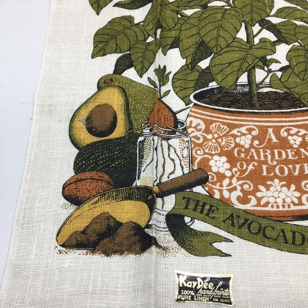 Vtg Kay Dee New Avocado Tree Kitchen Tea Towel Linen Hand Print Jackson Sewell